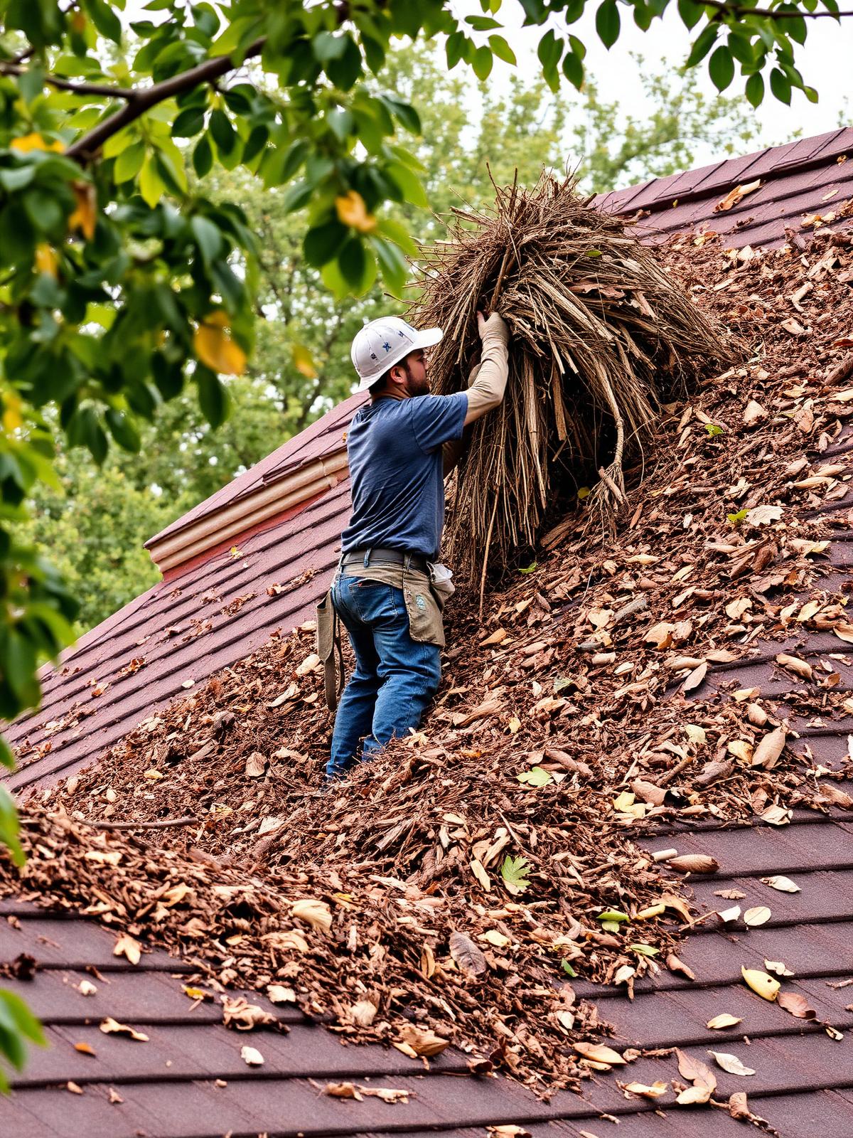 Worker removing roof debris